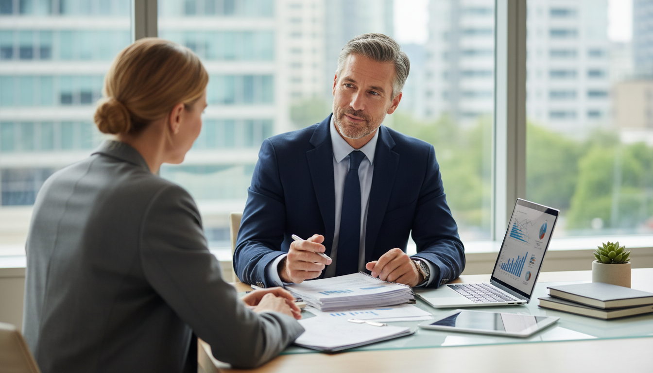 Финансовый консультант объясняет клиенту варианты банкротства.